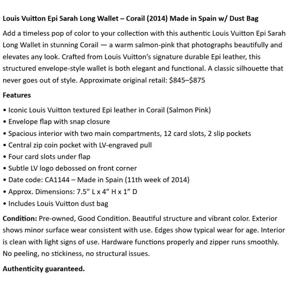 Louis Vuitton Epi Sarah Long Wallet – Corail (2014) Made in Spain w/ Dust Bag - Picture 2 of 14